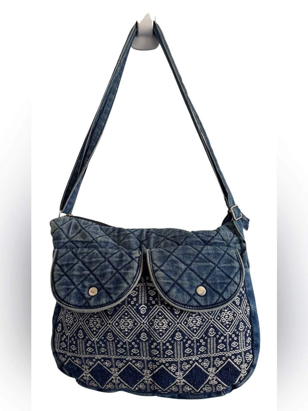 Canyon Sky Quilted Denim Crossbody Bag Boho Hippie Embroidered Pattern - Blue